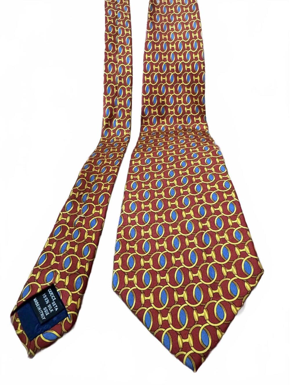 1990s Gucci Horsebit Silk Tie Made in Italy Red & Gold Equestrian Bit Authentic